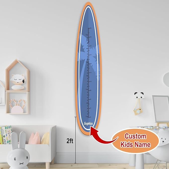 Personalized Growth Chart for Wall, Wooden Height Chart for Kids, Cute Height Measurement for Child/Girls/Boys, Baby and Toddler's Playroom/Kid's Room/Nursery Decor, Surfboard