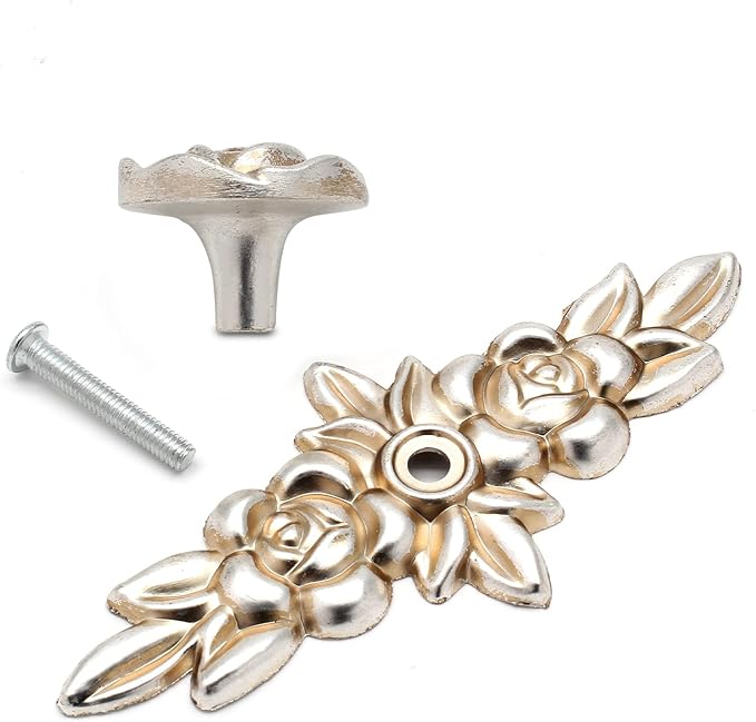 Uenhoy 5 Pcs Rose Cabinet Knobs with Backplate, Vintage Floral Drawer Knob Pulls, Zinc Alloy Rose Flower Drawer Pull Handles for Cabinets and Dresser - 4 Inch, Antique Silver