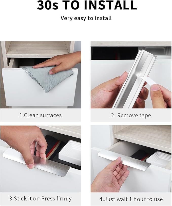 5 Pack 8 inch self Adhesive Cabinet pulls Silvery Finger pulls for cabinets Stick on Handles Concealed Edge pulls for cabinets Drawer Pull Seam Flat
