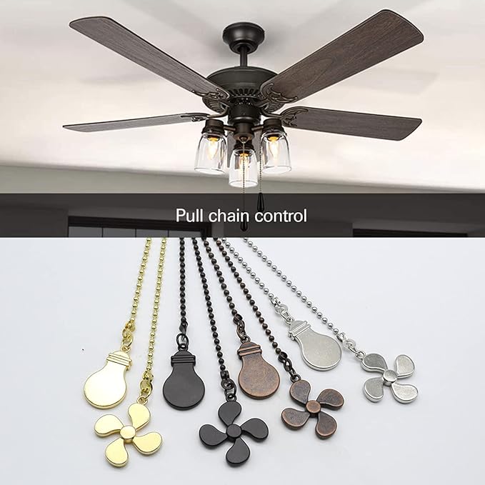Ceiling Fan Pull Chain Set - 4 Piece Bulb and Fan Pattern Extension Pendant, 12 Inch Extender With Ball Connector (Gun Metal)