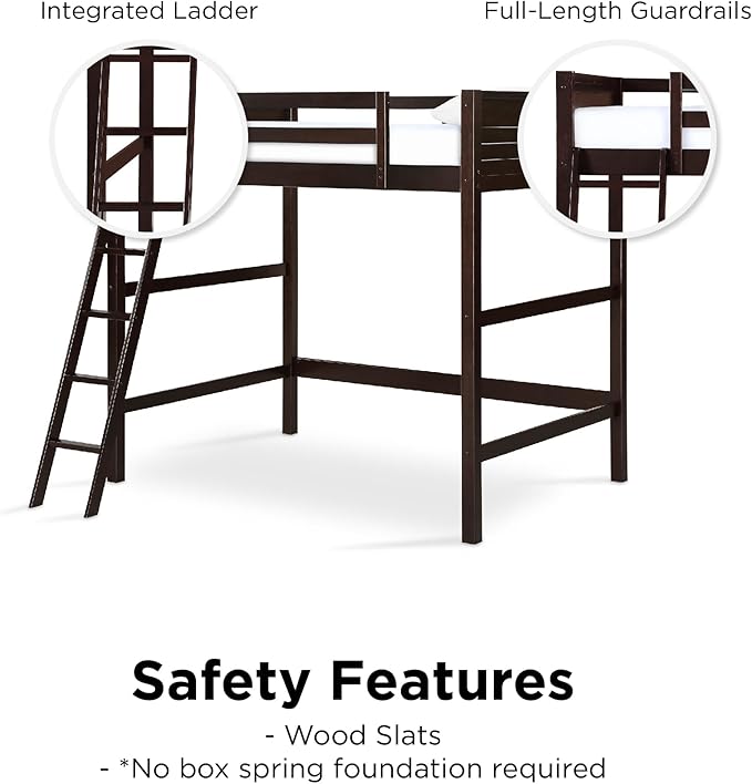 DHP Denver Full Size Loft Bed, Espresso Finish, Sturdy Wood Construction, Space-Saving Design, Kids Loft Bed