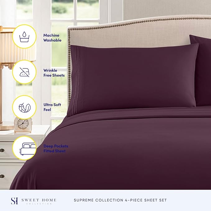 King Size Sheets - Breathable Luxury Bed Sheets with Full Elastic & Secure Corner Straps Built In - 1800 Supreme Collection Extra Soft Deep Pocket Bedding Set, Sheet Set, King, Purple
