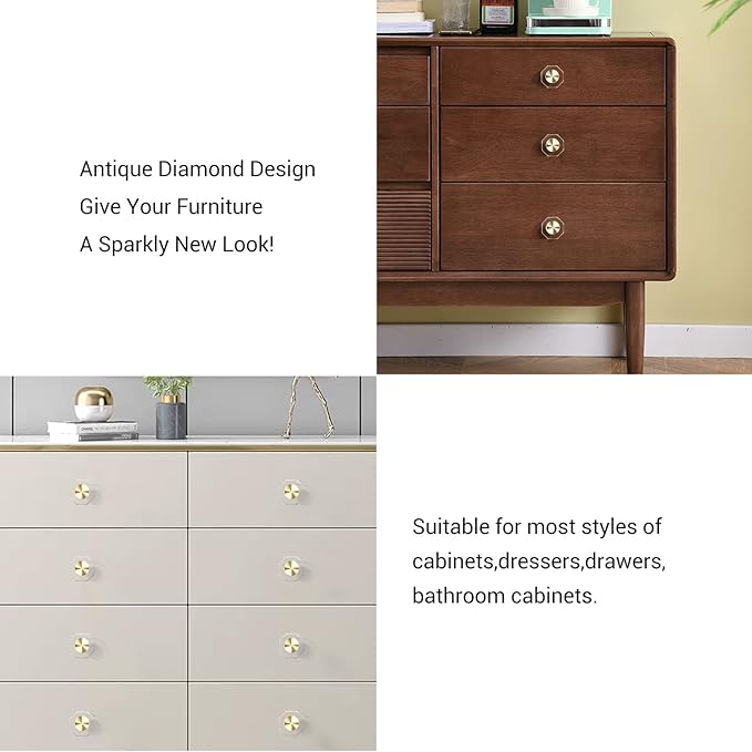 2-Pack 1-1/4-Inch Gold knob Dresser knobs White Cabinet Glass Crystal knobs Brass Drawer Polygonal Dresser Pulls, Drawer pulls
