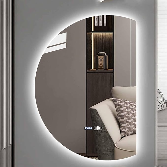 47" Half Moon LED Bathroom Mirror,Frameless Backlit Wall Mirror, Anti-Fog Smart Vanity Mirror,3 Colors Lights Dimmable Brightness and Time,Touch Switch(Left Semicircle,47 * 33in)