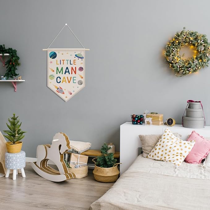 Nursery Decor Boys Room Decor Little Man Cave Sign for Boys Canvas Hanging Pennant Flag Banner Wall Sign Decor Gift for Nursery Bedroom Playroom Game Room Front Door