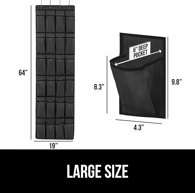 GORILLA GRIP Over the Door Shoe Organizer, 24 Extra Large Breathable Mesh Pockets, Space Saving Hanging Storage Holder, 4 Hook Closet Rack Hanger, Hangs on Closets for Shoes and Accessories, Black