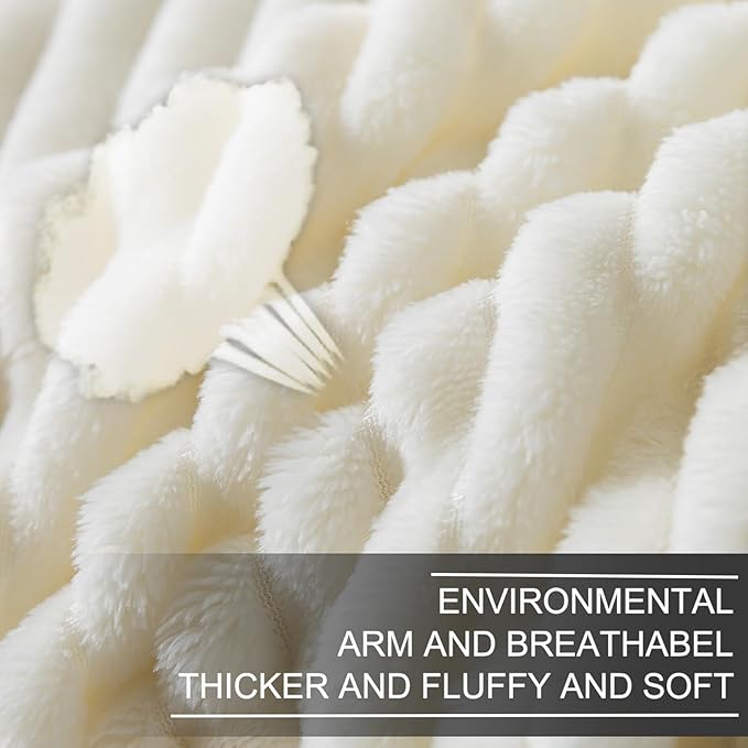 Richave Cuddly Blanket King Size,Premium Lightweight Anti-Static Fluffy Fleece Blanket with Striped Pattern for King Calking Bed, 90x108 Inches,Cream