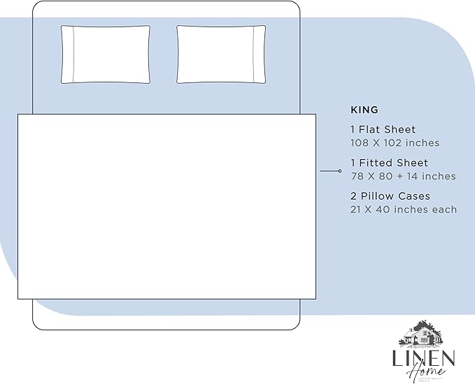 Linen Home 100% Cotton Percale Sheets King Size, Baby Blue, Deep Pocket, 4 Pieces Set - 1 Flat, 1 Deep Pocket Fitted Sheet and 2 Pillowcases, Crisp Cool and Strong Bed Linen