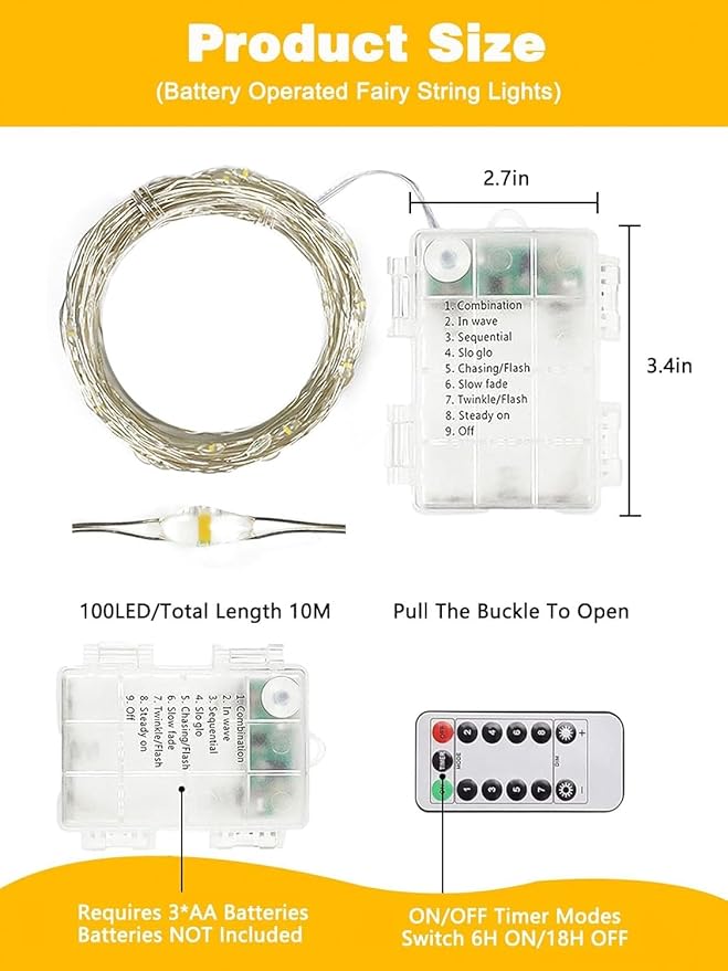 6 Pack Christmas Fairy Lights Battery Operated with Remote, Each 33FT 100LED Waterproof Twinkle Lights with Timer, String Light Indoor & Outdoor for Bedroom Wedding Christmas Decorations (Warm White)