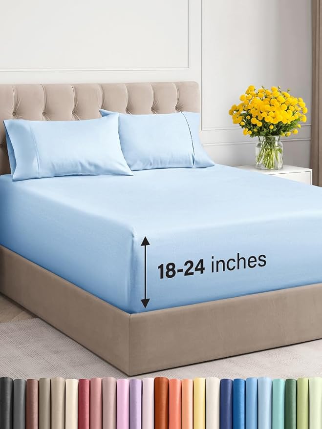 Extra Deep Twin Sheet Set - 4 Piece Breathable & Cooling Sheets - Hotel Luxury Bed Sheets Set - Easy & Secure Fit - Soft, Wrinkle Free & Comfy Sheets Set - Light Blue Sheet Set with Extra Deep Pockets