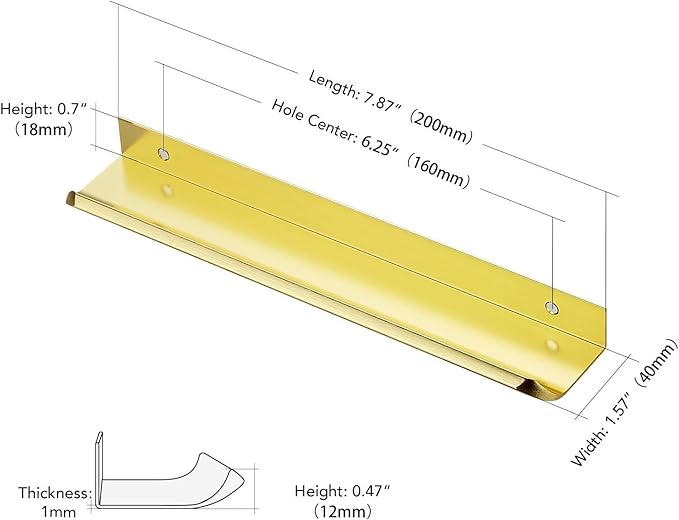 Ravinte Hardware 10 Pack Gold Cabinet Handles, 7.8 Inch (200mm) Finger Edge Pulls, 6-1/4 Inch Hole Center, Finger Pulls for Cabinets