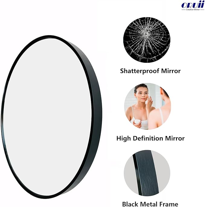 Round Mirror 30 inch, Black Round Mirror, Large Circle Mirrors Metal Frame, Black Circle Mirrors for Wall, Bathroom, Living Room, Dining Room, Entryway.