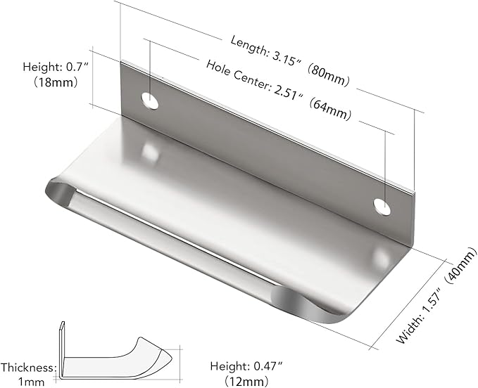Ravinte Hardware 6 Pack Silver Cabinet Handles, 3.15 Inch (80mm) Finger Edge Pulls, 2-1/2 Inch Hole Center, Finger Pulls for Cabinets
