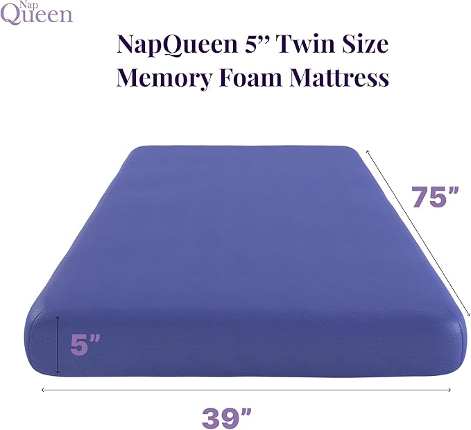 NapQueen 5 Inch Twin Memory Foam Mattress, Medium Feel, CertiPUR-US Certified, Bed in a Box, Breathable Soft Fabric Cover, Blue