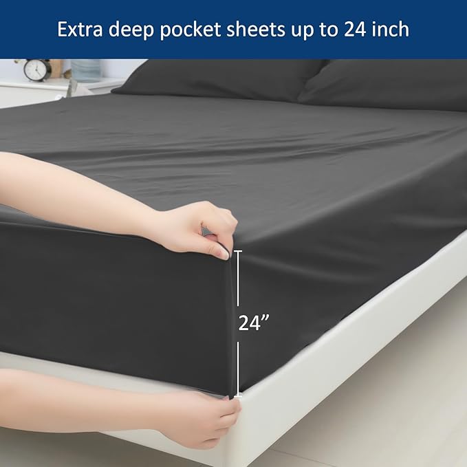 Moonsea Twin XL Sheet Set - 3-Piece Twin XL Sheets with Extra Deep Pocket and Side Pocket - Fits 16 in to 24 in Pillow Top (Black)