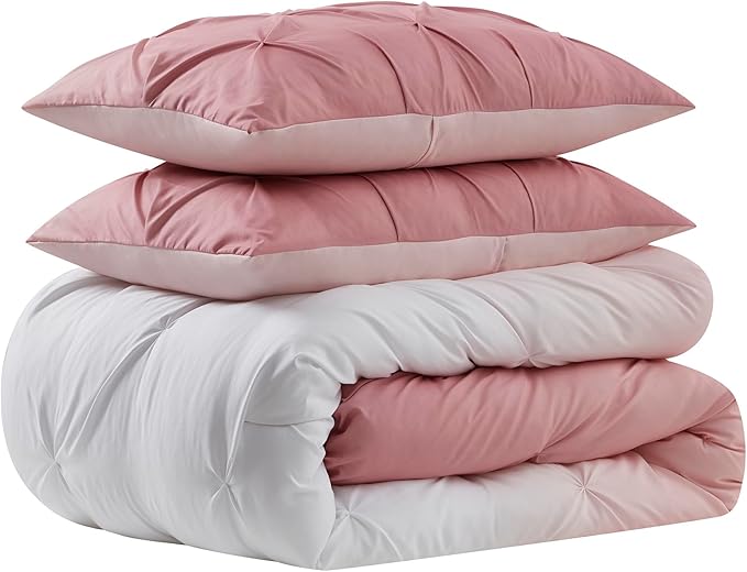 7 Piece Comforter Set Bed in a Bag Ombre Pintuck Design All Season Soft Down Alternative Bedding Comforter Set & Luxurious Matching Bed Sheets & Pillow Shams, Ombre Pintuck Blush, Queen