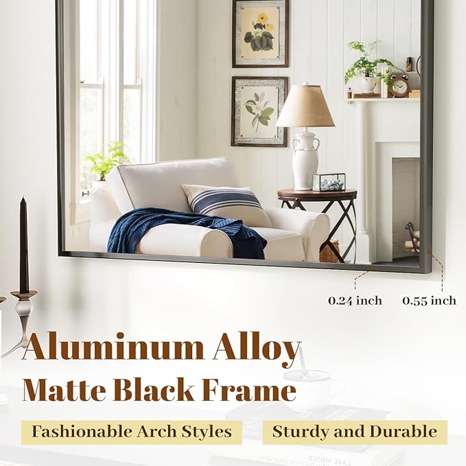 VooBang Arched Wall Mirror, 30 x 38 inch Arch Bathroom Mirror, Wall Mounted Vanity Mirror with Arch Metal Frame, Modern Bathroom Vanity Mirror for Bedroom, Living Room, Hanging or Leaning, Black