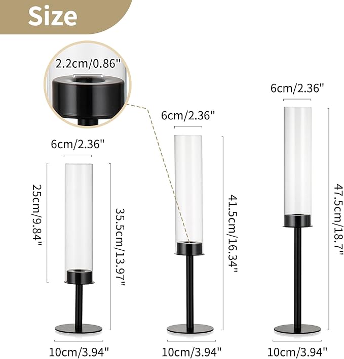 NUPTIO Hurricane Glass Candle Holders: 6 Pcs Black Metal Candlestick Tapered Holder with Clear Chimney Covers Bottomless Tall Modern Taper Candles Stick Cylinder Stand for Halloween Fireplace Decor