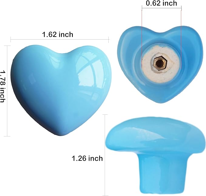 Ceramic Drawer Knobs Heart Shape Cabinet Dresser Pulls Handles with 3 Sized Screws, Kitchen Furniture Knobs for Closet Cupboard Wardrobe (10 Pack, Blue)