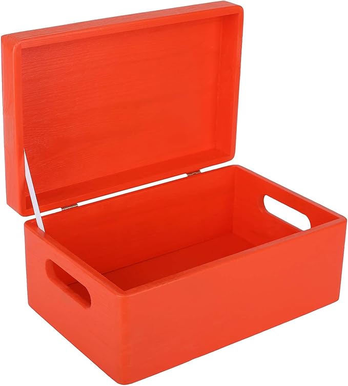 Large Red Wooden Box Storage with Hinged Lid | 11.8 x 7.87 x 5.51 inches (+-0.5) | with Handles | Gift Box for Tool Dog Toy Shoes Clothes Kitchen Storage | Wood Keepsake Chest