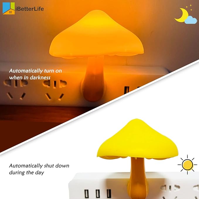 iBetterLife Sensor LED Mushroom Night Light Plug-in Wall Dream Bed Room Nightlight for Adults Kids Cute Mushroom Lamp Cottagecore Decor for Bedroom, Bathroom, Stairs, Hallway Corridor Warm Yellow