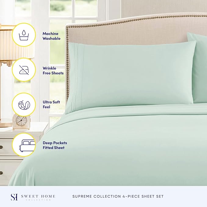 Split King Sheets - Breathable Luxury Sheets with Full Elastic & Secure Corner Straps Built In - 1800 Supreme Collection Extra Soft Deep Pocket Bedding Set, Sheet Set, Split King Size, Mint