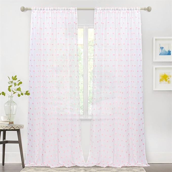 MYSKY HOME 108 Inch Pink Pom Pom Curtains, 2 Sets, 52 x 108 Inch, Rod Pocket, Modern, Sheer, Adult, Unisex, Bedroom, Living Room, Dining Room