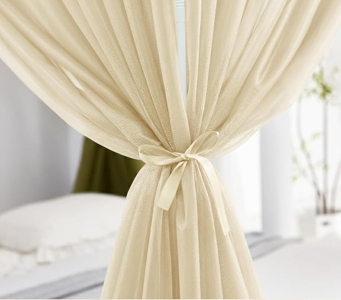 Akiky Canopy Bed Curtains 8 Panel Bed Curtains Drapes for King Size Bed Sheer Canopy Bed Drapes with Lights(Khaki)