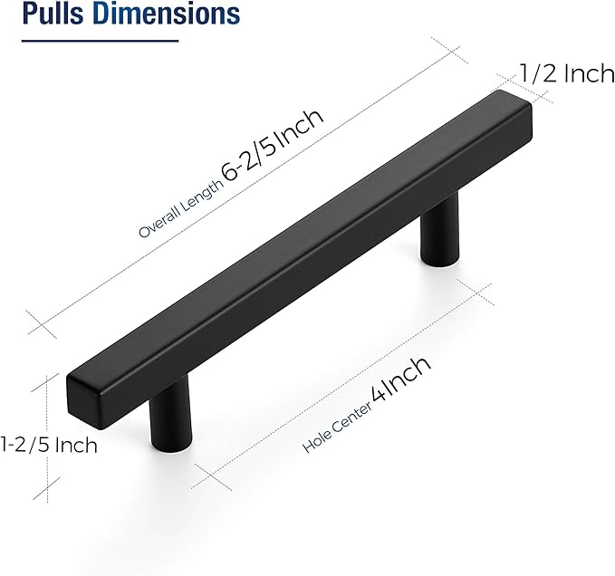JOY DECOR 10 Pack 4 Inch Matte Black Square Cabinet Handles Stainless Steel Cabinet Hardware Pulls for Kitchen and Drawers with 6-2/5 Inch Overall Length