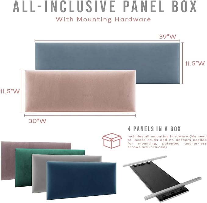 Vänt Upholstered Wall Panels - Queen/Full Size Wall Mounted Headboards - Metallic Silver - Set of 4 Panels (Each Individual Panel 30"x11.5")