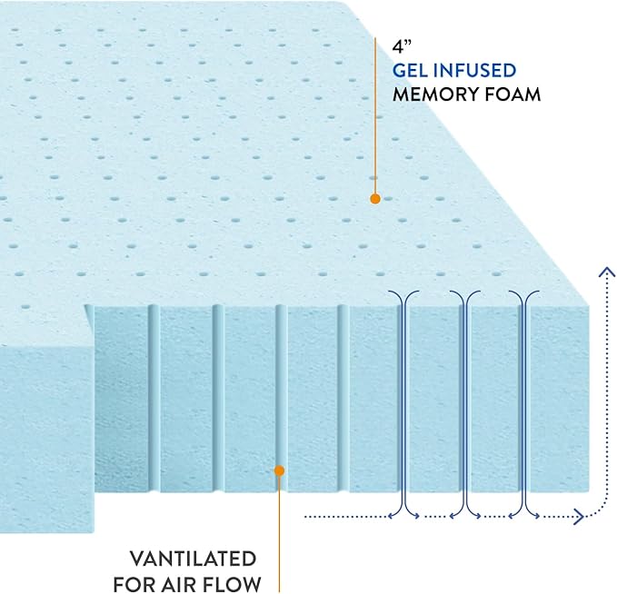 Best Price Mattress 4 Inch Ventilated Memory Foam Mattress Topper, Cooling Gel Infusion, CertiPUR-US Certified, Dorm Essentials, Twin XL