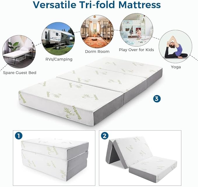 Inofia Queen Folding Mattress, 6 Inch Trifold Memory Foam Mattress with Ultra Soft Removable Cover, Foldable & Portable Queen Size Bed (78" x 58" x 6")