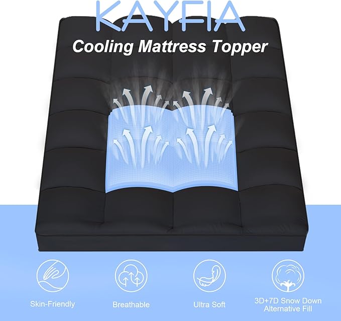 KAYFIA King Mattress Topper, Extra Thick Mattress Pad Cover for Deep Sleep,3D+7D Snow Down Alternative Fill Overfilled Plush Pillow Top Mattress with 8-23 Inch Deep Pocket-Black