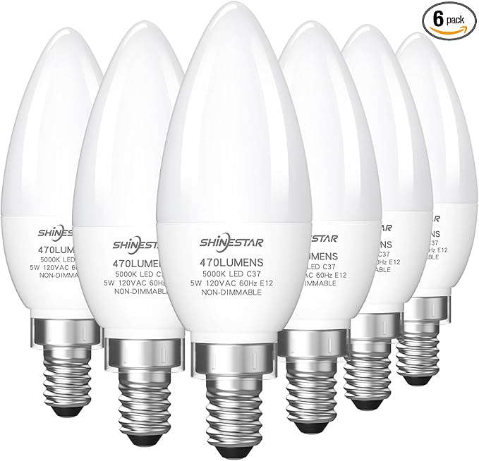 SHINESTAR E12 LED Candelabra Light Bulbs 40 Watt Equivalent, 5000K Daylight White 470 Lumen Chandelier Bulb, 6W B11 Candle Small Base Ceiling Fan Light Bulbs, Non-Dimmable, Pack of 6