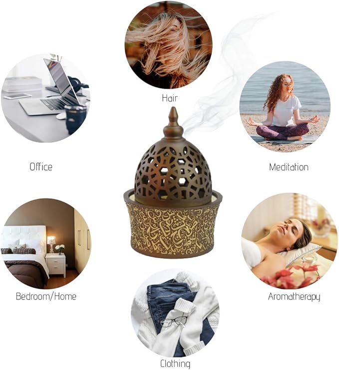 Intense Oud Calligraphy Style Closed Resin Incense Burner – 8 Inches, Coffee Metal Tray, Arabian Bakhoor Burner for Yoga, Aromatherapy, Home, Office & Bedroom Decor