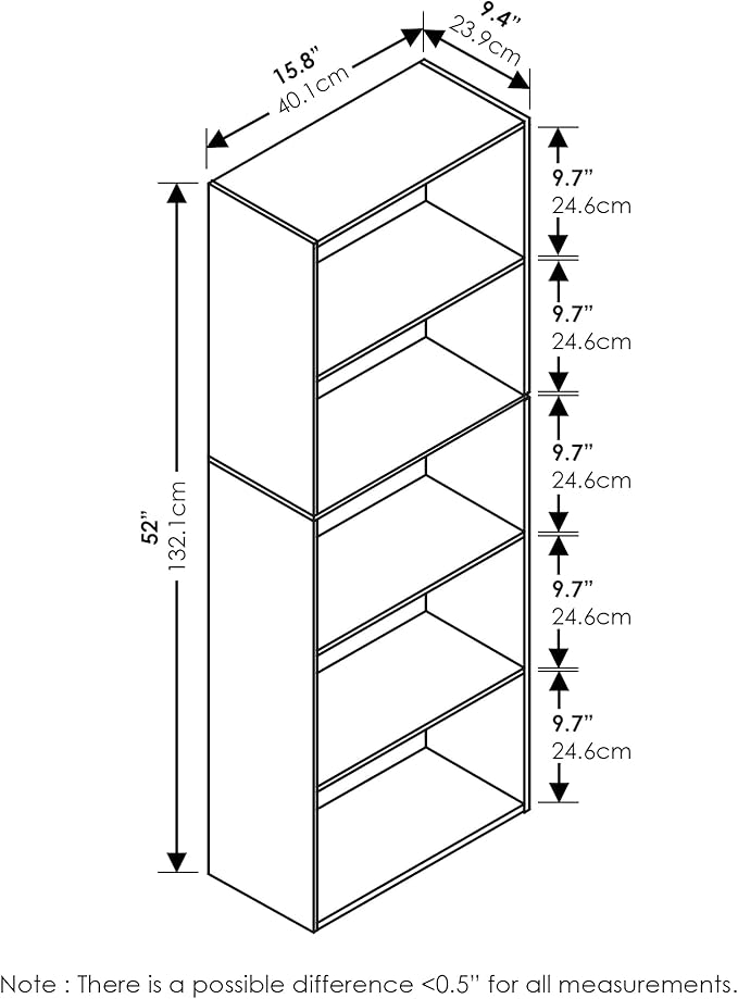 Furinno LUDER Book Shelf, 5-Tier Bookshelf, Bookcase, 9.4" x 15.8" x 52", for Living Room, Bedroom, Home Office, White