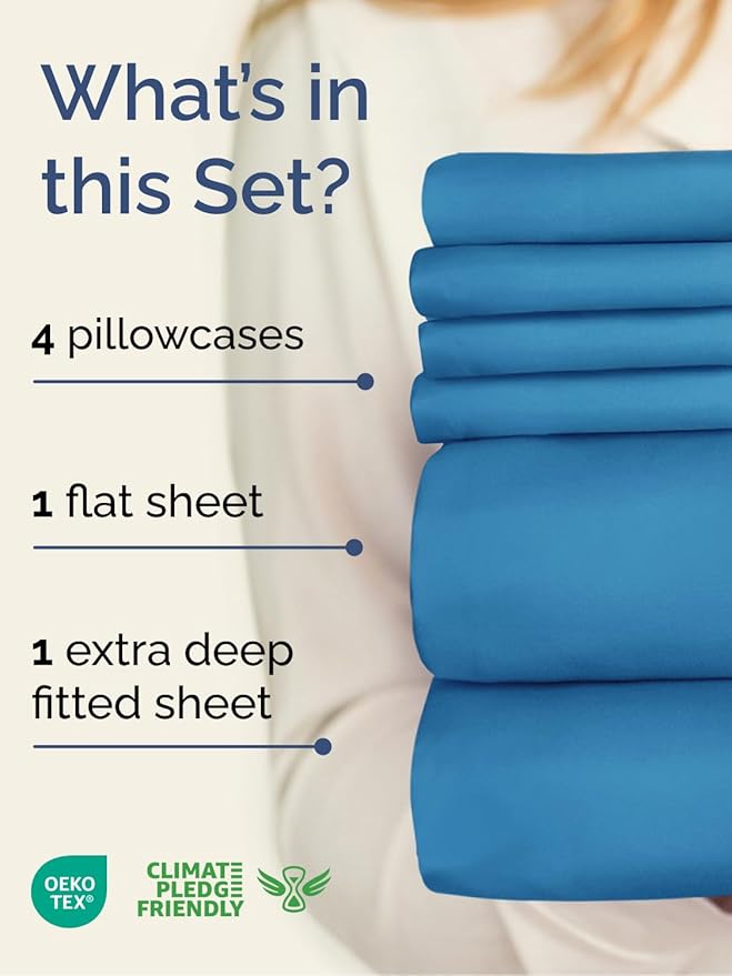 Extra Deep Cal King Sheet Set - 6 Piece Breathable and Cooling Sheets - Hotel Luxury Bed Sheets Set - Easy Fit - Soft, Wrinkle Free and Comfy Sheets Set - Denim Blue Sheet Set with Extra Deep Pockets