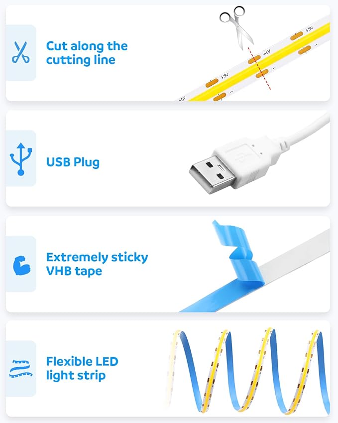 Aclorol USB Led Light Strip COB Led Strip Lights 5V Daylight Cold White 6000K 3.28FT 320Leds Flexible TV Led Lights USB Powered 1M for Under Cabinet Kitchen Living Room Shelving or Displays