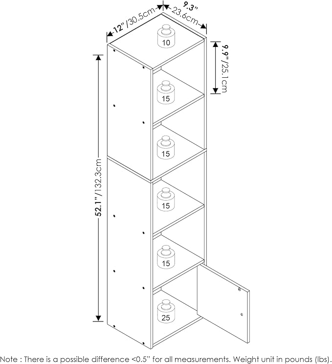 Furinno LUDER Book Shelf, 5-Tier Modern Bookshelf, Bookcase with 1 Door Storage Cabinet, 9.3" x 12" x 52", for Living Room, Bedroom, Home Office, White