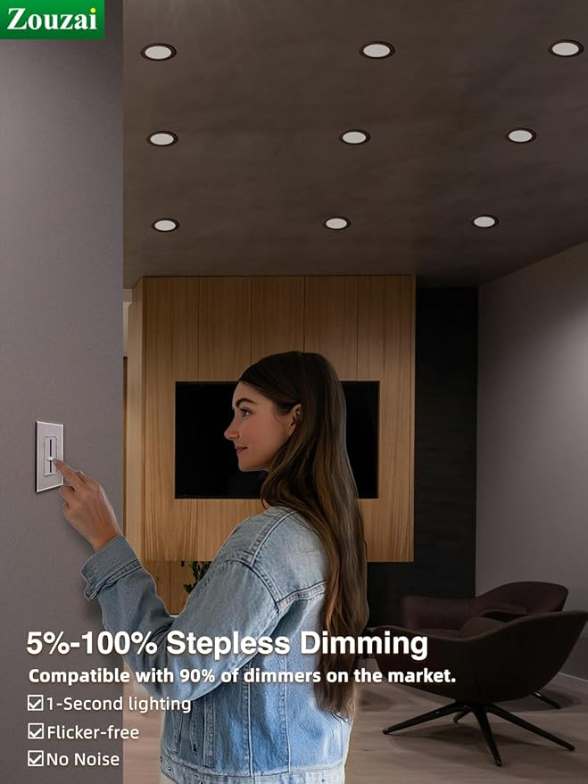 zouzai 12 Pack 6 Inch Black 5CCT Reset LED Recessed Ceiling Light with Junction Box, 2700K/3000K/3500K/4000K/5000K Selectable, 12W Eqv 110W,Dimmable, led can Lights- ETL and Energy Star Certified