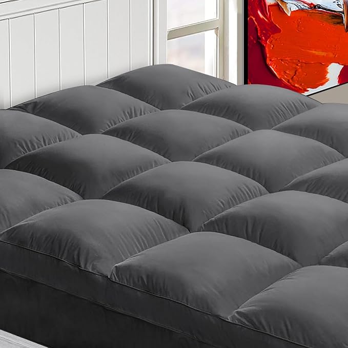 Mattress Topper King for Back Pain, Extra Thick Mattress Pad Cover, Plush Pillow Top, Deep Elastic Pocket, Grey