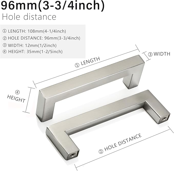 Cabinet Pulls Brushed Nickel Cabinet Handles Square Drawer Pulls, 40 Pack 3-3/4 Inch Stainless Steel Kitchen Door Cupboard Cabinet Handles, Cabinet Hardware Drawer Handles, 96mm Hole Centers