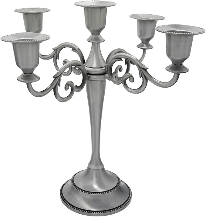 Pewter Candle Holder，5 Arms Metal Candle Holders for Pillar Candles（10.6 inch Tall Candlestick Holders, for 1/2-1 inch Taper Candles,Centerpiece Elegant Decoration Piece for Table