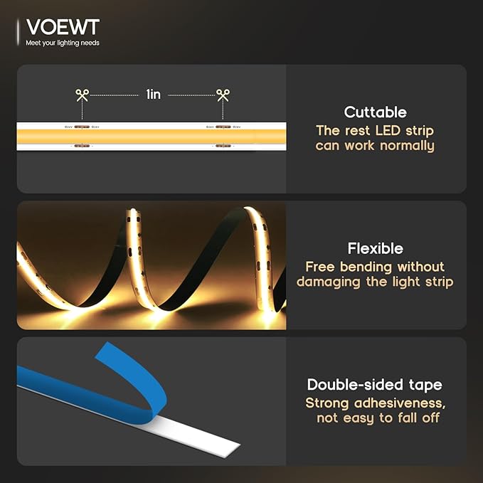 COB LED Strip Lights Warm White 3000K,16.4ft 12V High CRI 95Ra+ Super Bright,Flexible Tape Lights for Bedroom,Mirror,Kitchen Cabinet, Living Room(Power Supply Not Included)