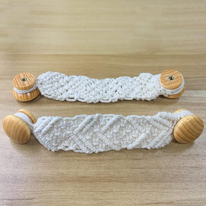 2 Pack Bohemian Style Rope Knobs Door Handle Rope Knot Cabinet Drawer Cupboard Furniture Door Wooden Pulls Handles Drawer Pulls for Kitchen Cabinet Wardrobe Cupboard(B)