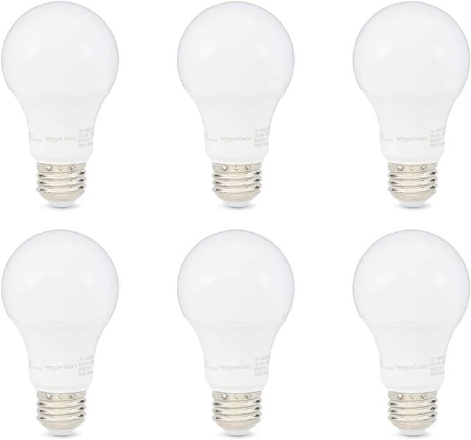 Amazon Basics LED Light Bulbs, Energy Efficient 6W, 40 Watt Equivalent, E26 Standard Base, 2700, Dimmable, 10,000 Hour, Soft White, 6 Count