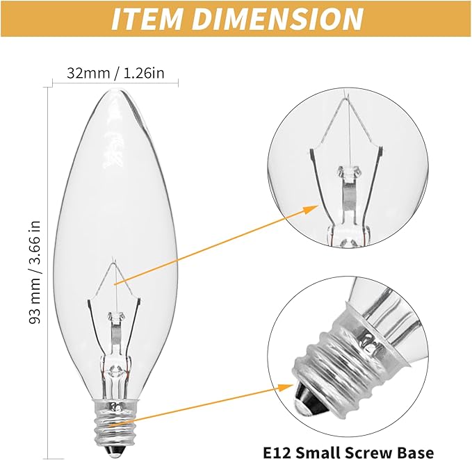 20-Pack E12 Candelabra Light Bulbs 40W Warm White 2500K, 380 Lumen Dimmable Chandeier Light Bulbs for Ceiling Fan, Pendants or Outdoor, B10 Clear Incandescent Candle Bulbs