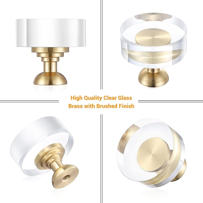 24-Pack 1-1/4-Inch White Cabinet Glass Crystal knobs Brass Drawer Round Knobs Dresser Pulls, Gold Hardware Kitchen Closet knobs for Bifold Doors