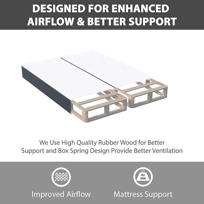 Nutan Inch Sturdy Box Spring for Mattress Support-Durable and Fully Assembled, Natural Wood Queen, Gray, 8" Foundation