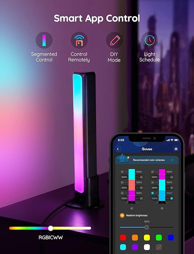 Govee Smart LED Light Bars, Work with Alexa and Google Assistant, RGBICWW WiFi TV Backlights with Scene and Music Modes for Gaming, Pictures, PC, Room Decoration